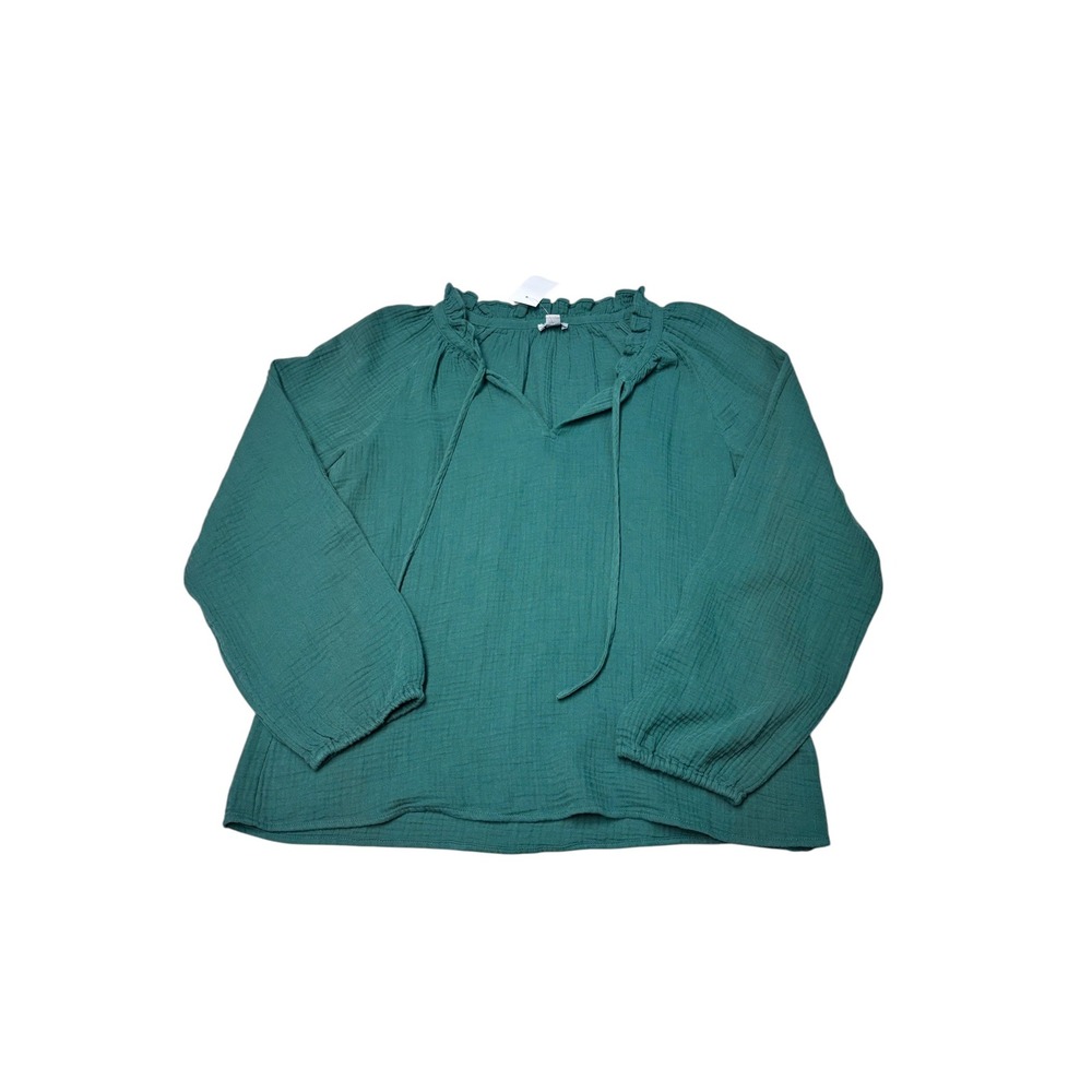 NWT J.Crew Long-sleeve gauze tie-neck top Teal Green Cotton Blouse CI305 Women M